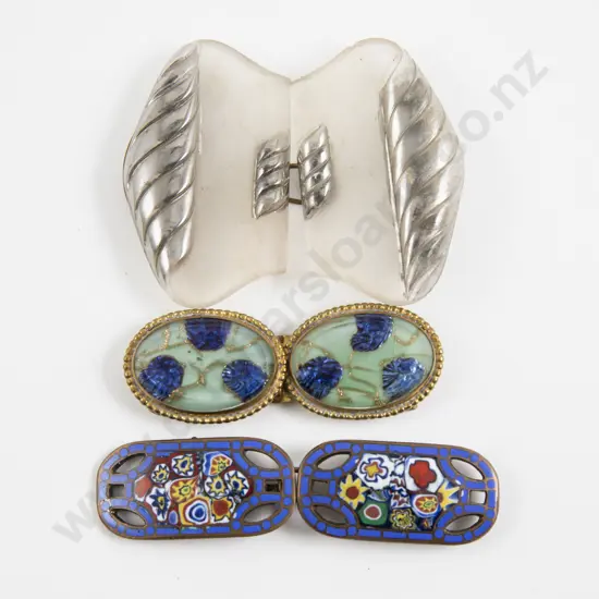 Three Art Deco Czech Enamel Glass and Metal 2pce Buckles