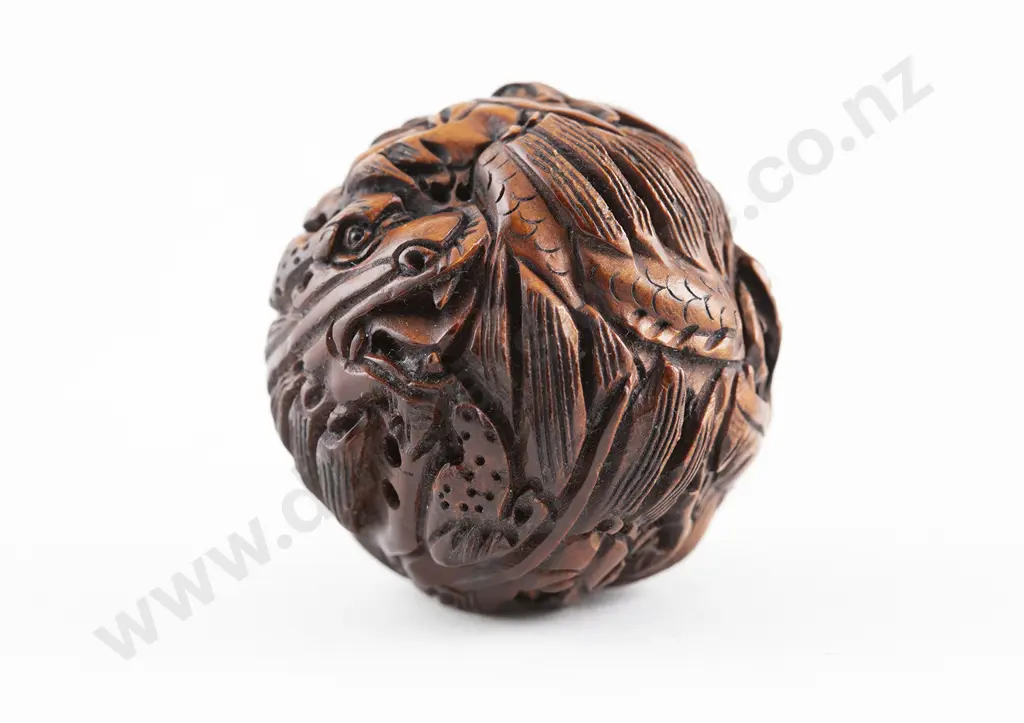 Japanese Carved Spherical Hardwood Netsuke Image 1++