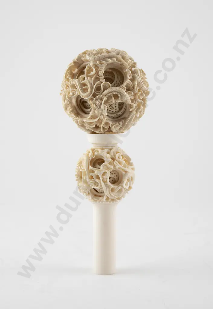 Large Chinese Carved Ivory Concentric Puzzle Ball On Stand Image 1++