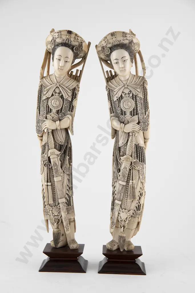 Large Pair Of Chinese Carved Ivory Female Goddess Of War Figures Image 1++