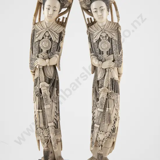 Large Pair Of Chinese Carved Ivory Female Goddess Of War Figures