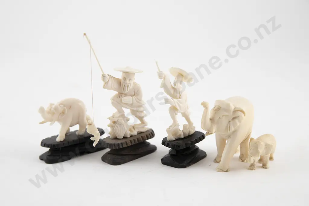 Three Small Carved Ivory Elephants & Two Fishermen Image 1++