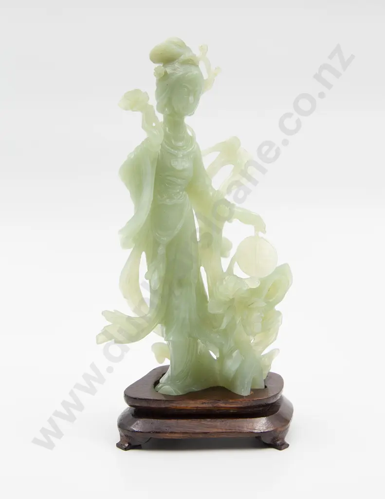 Chinese Carved Jade Figure Lady With Flower & Fan Image 1++