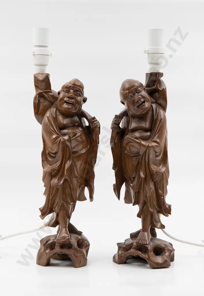 Pair Vintage Chinese Hardwood Immortal Figural Lamps Image 1++