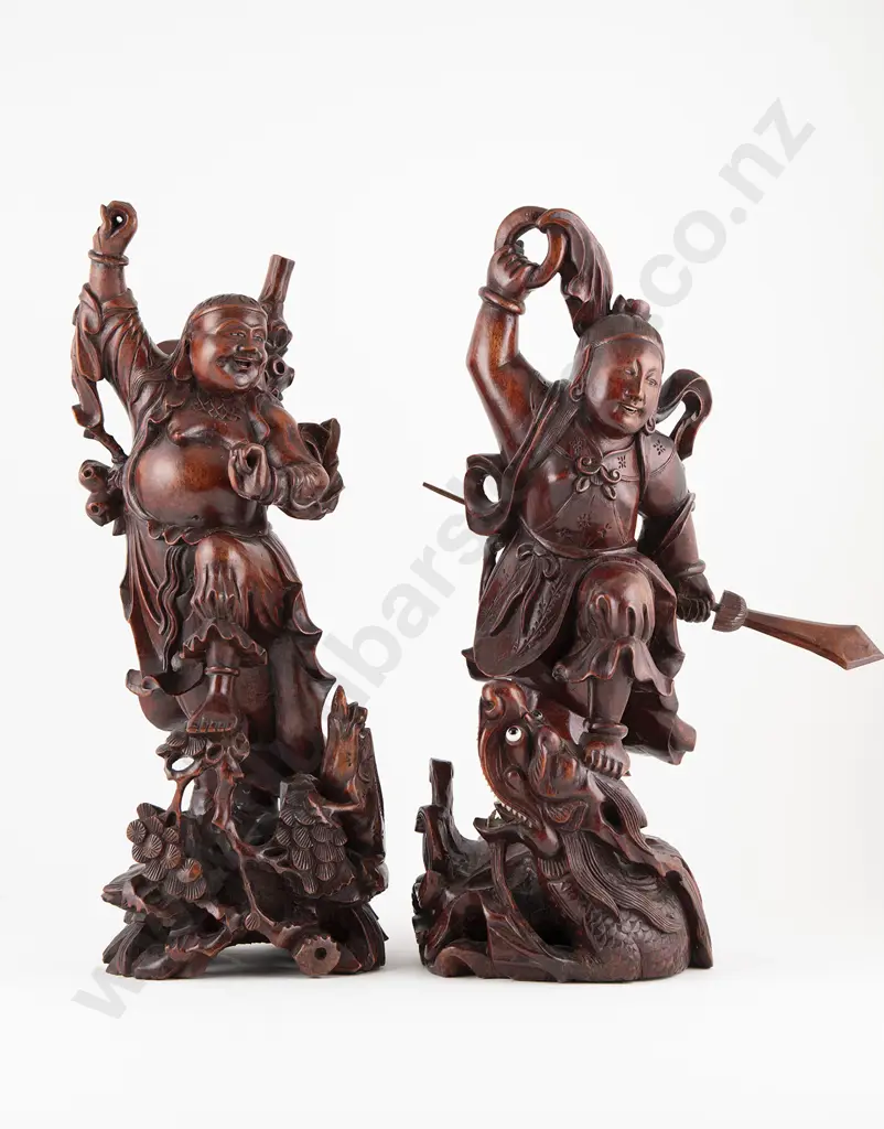 Pair Vintage Chinese Hardwood Figures Of Warriors Image 1++