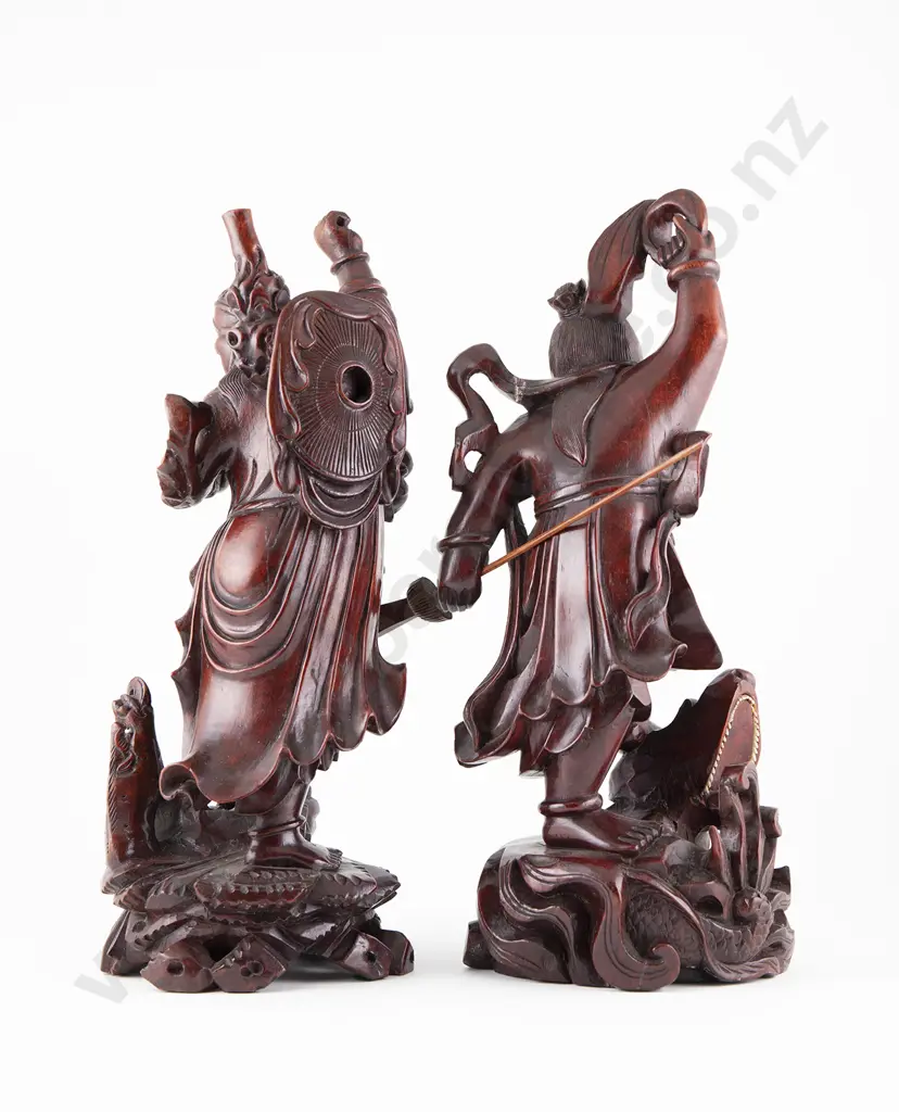 Pair Vintage Chinese Hardwood Figures Of Warriors Image 1++