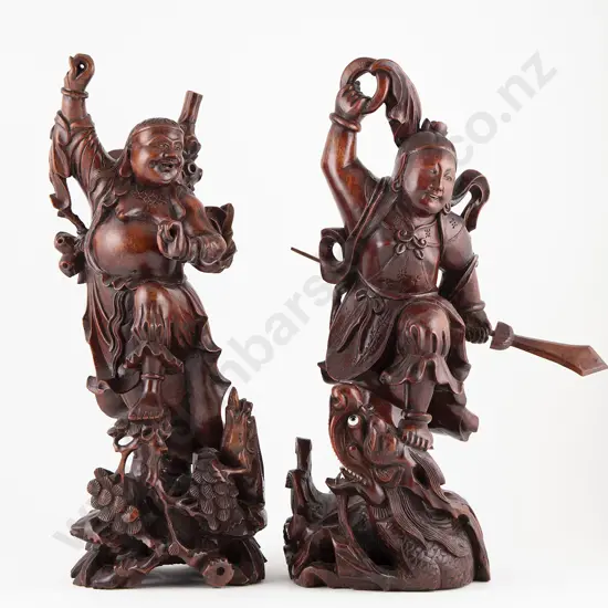 Pair Vintage Chinese Hardwood Figures Of Warriors