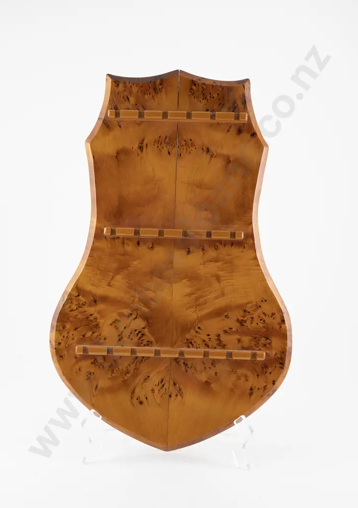 NZ Burr Totara Shield Shaped Three Tier Spoon Rack Image 1++