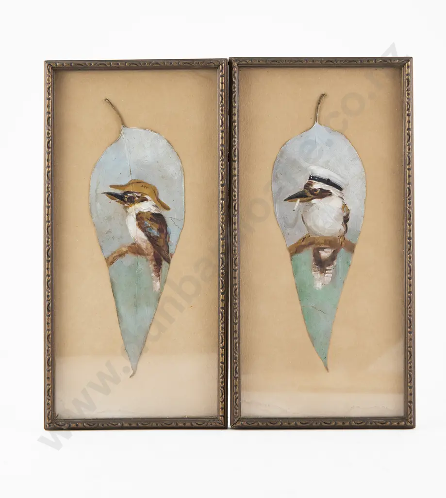 Pair Australian WWII Oils on Gum Leaves Image 1++