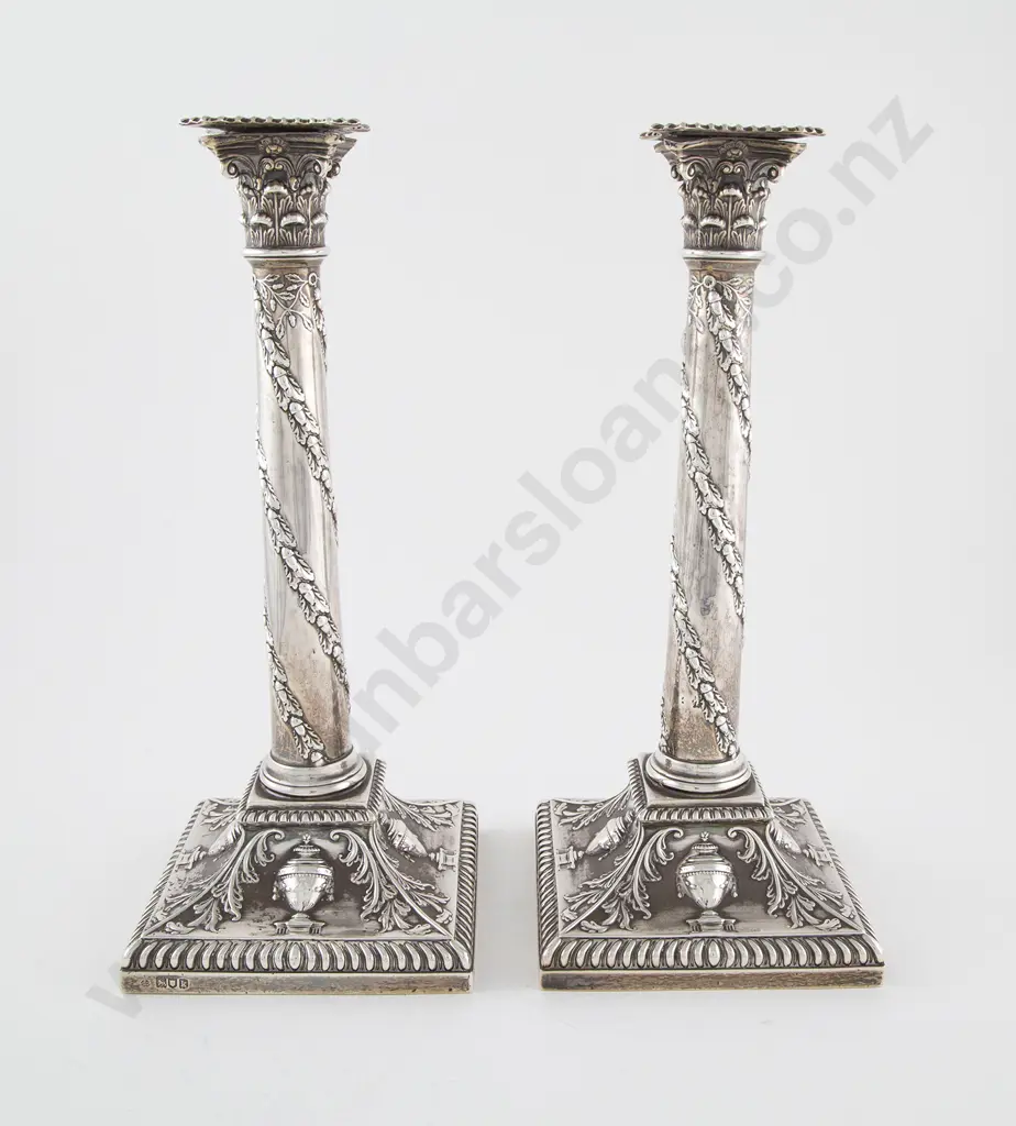 Pair Edw VII S/S Corinthian Column Candlesticks Image 1++