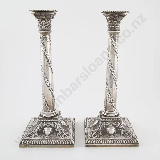 Pair Edw VII S/S Corinthian Column Candlesticks