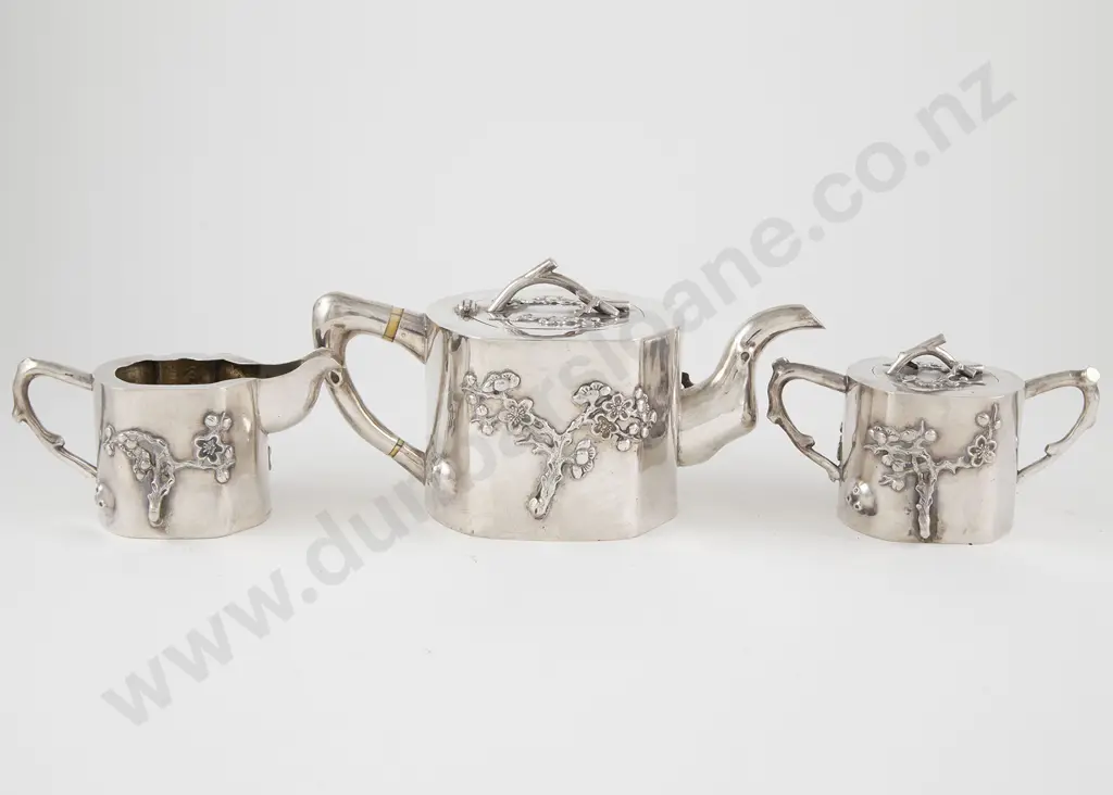 Late C19th/Early C20th Chinese Silver 3 Piece Export Ware Teaset Image 1++