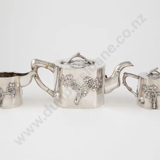 Late C19th/Early C20th Chinese Silver 3 Piece Export Ware Teaset