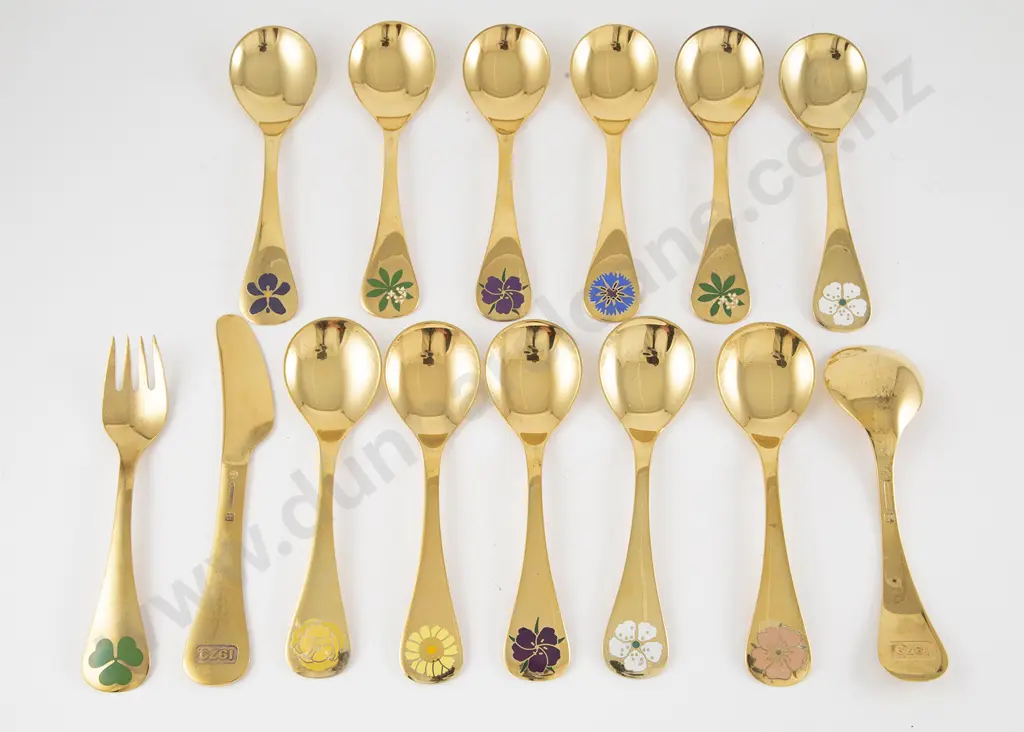Twelve George Jensen S/S Gilt Year Spoons & Knife & Fork Image 1++