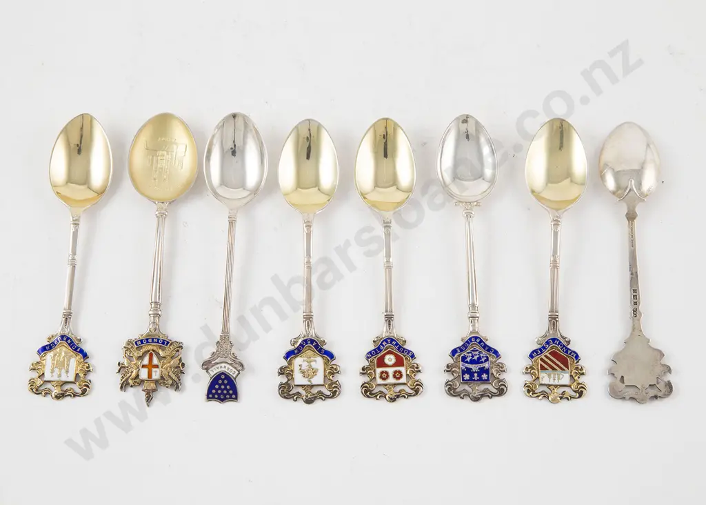Eight UK S/S Gilt & Enamel Souvenir Spoons Image 1++