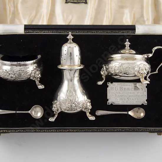 QEII Cased 5pce Cruet Set