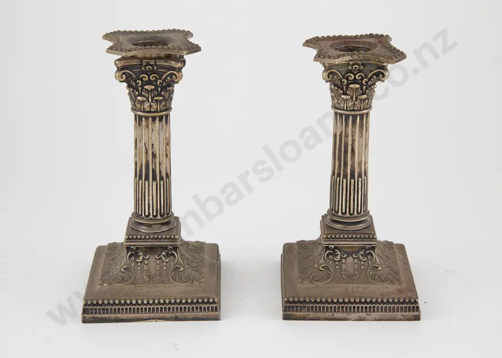 Pair Late Vict S/Plate Corinthian Column Candlesticks Image 1++