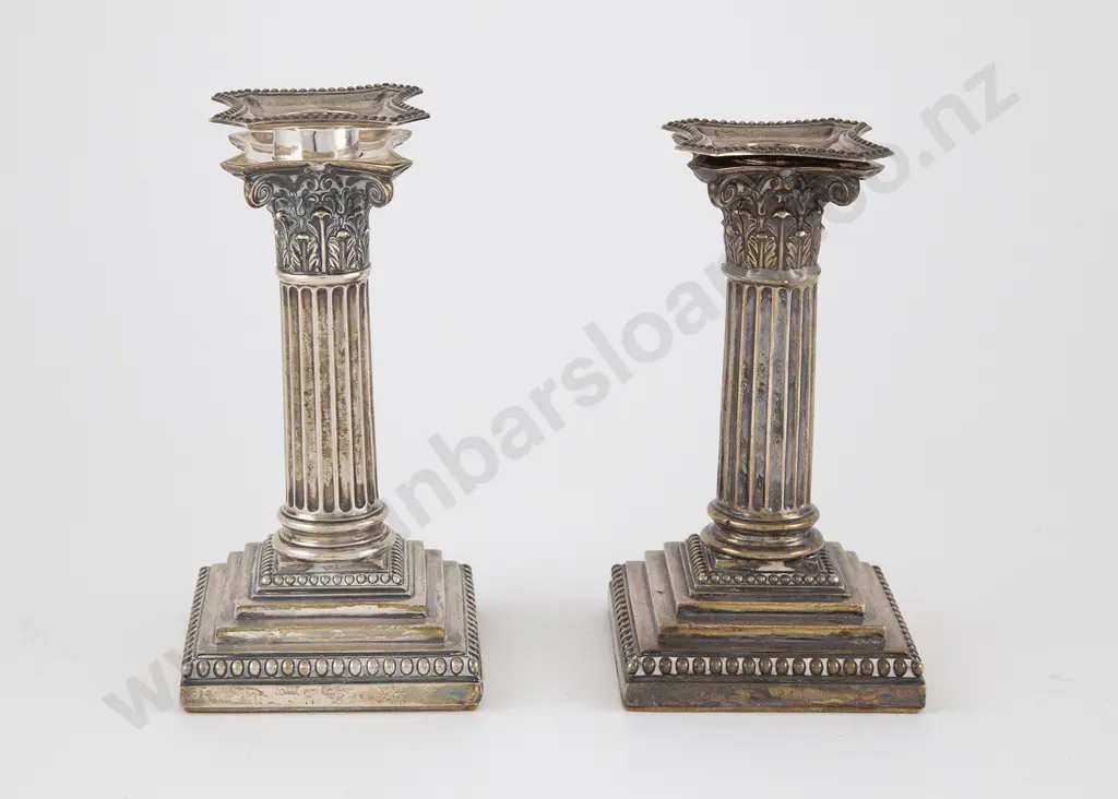 Pair Vict S/S Corinthian Column Dwarf Candlesticks Image 1++