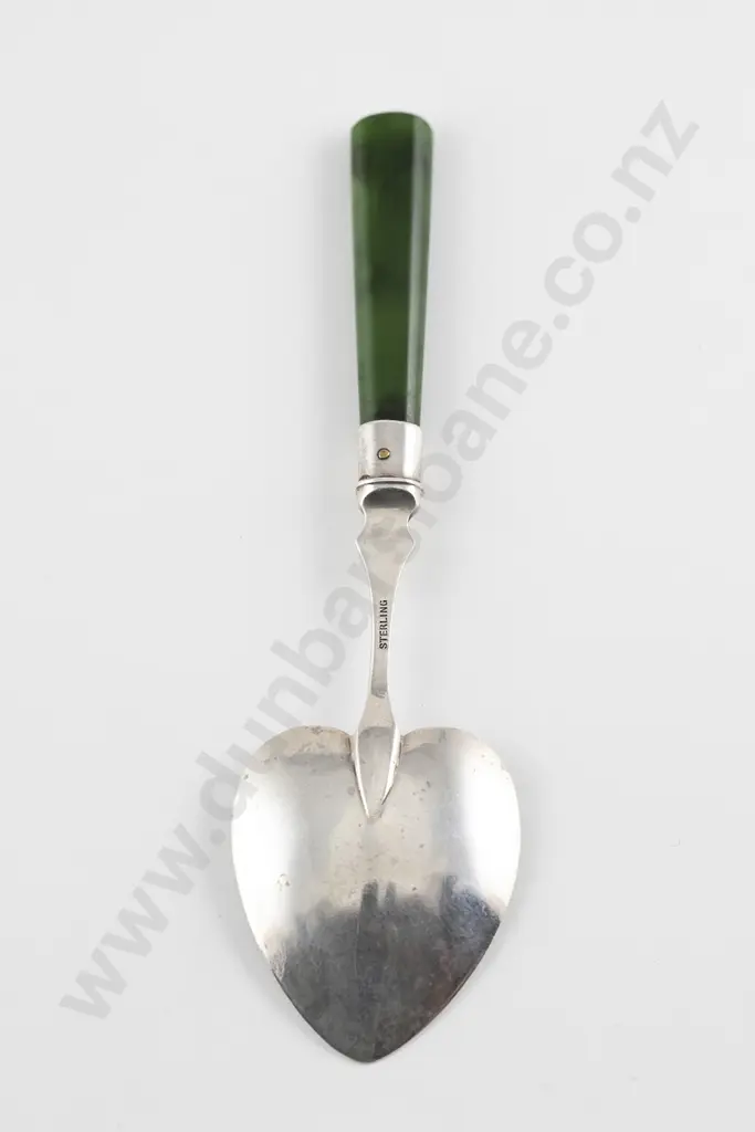 NZ Sterling SIlver and Greenstone Handled Jam Spoon Image 1++