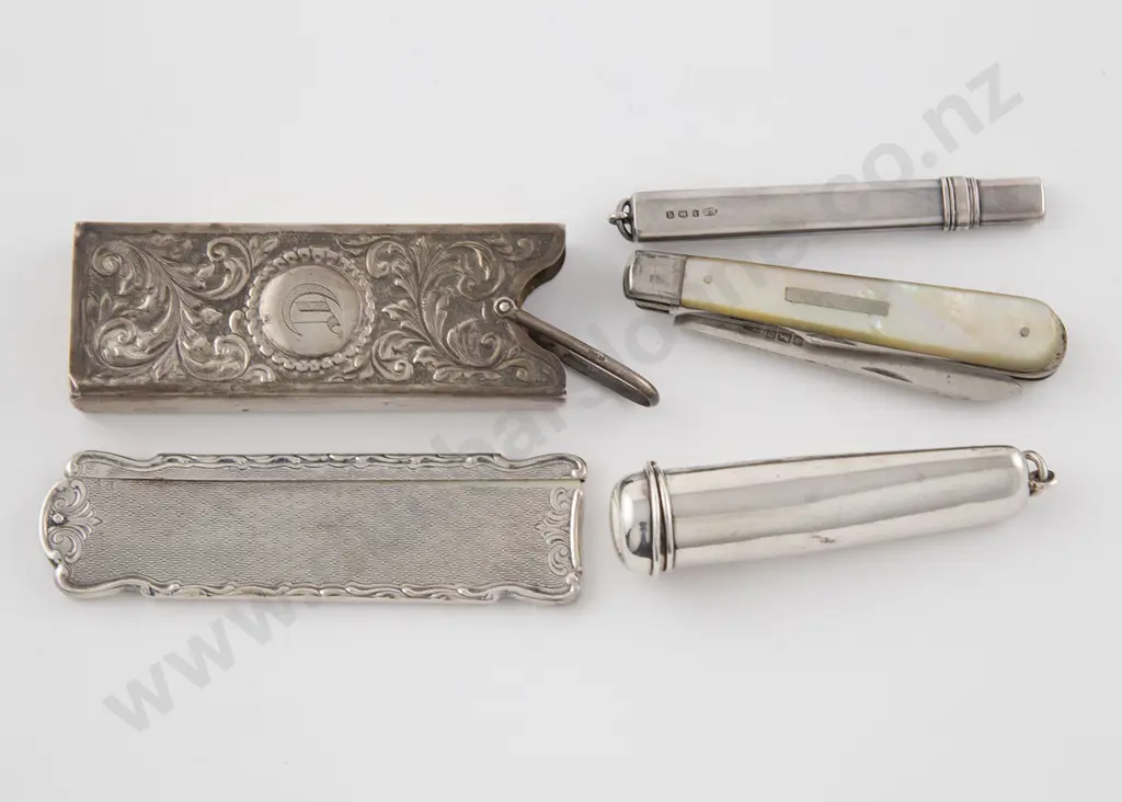 S/S Pencil Holder, S/S Bladed Fruit Knife, Cheroot Holder, Card Case & S/Plate Comb Image 1++