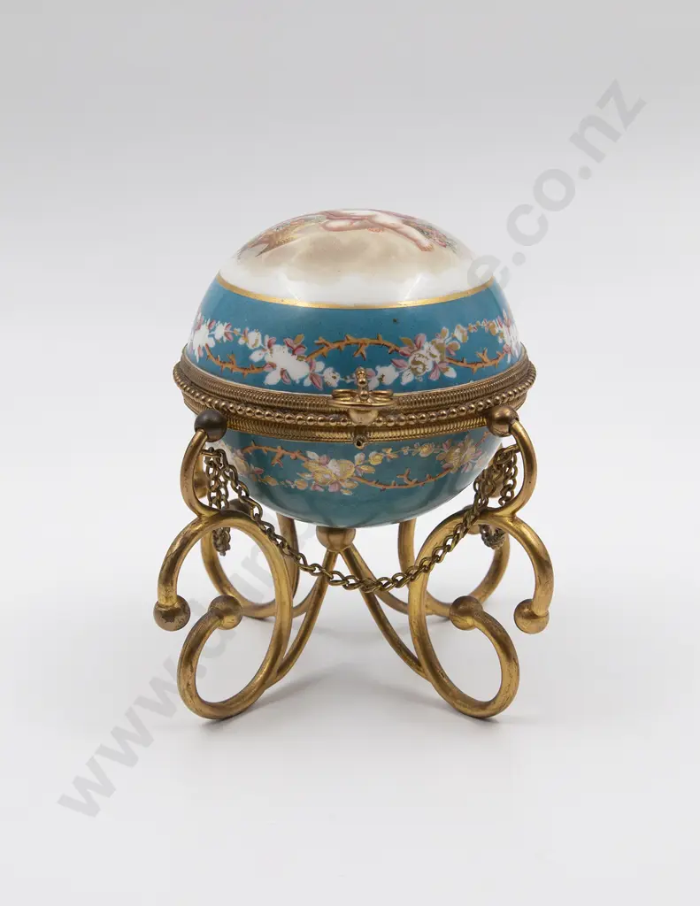 Late C19th Sevres Style Porcelain & Gilt Metal Spherical Scent Bottle Casket Image 1++