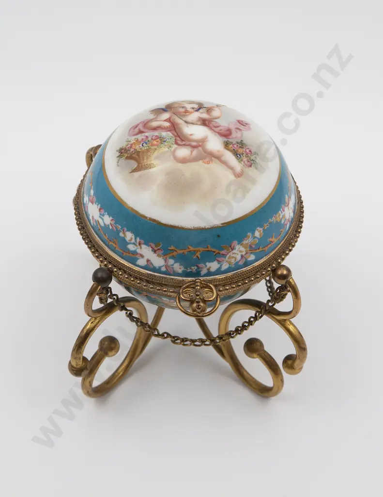 Late C19th Sevres Style Porcelain & Gilt Metal Spherical Scent Bottle Casket Image 1++