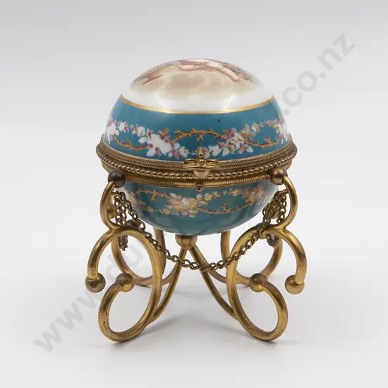 Late C19th Sevres Style Porcelain & Gilt Metal Spherical Scent Bottle Casket
