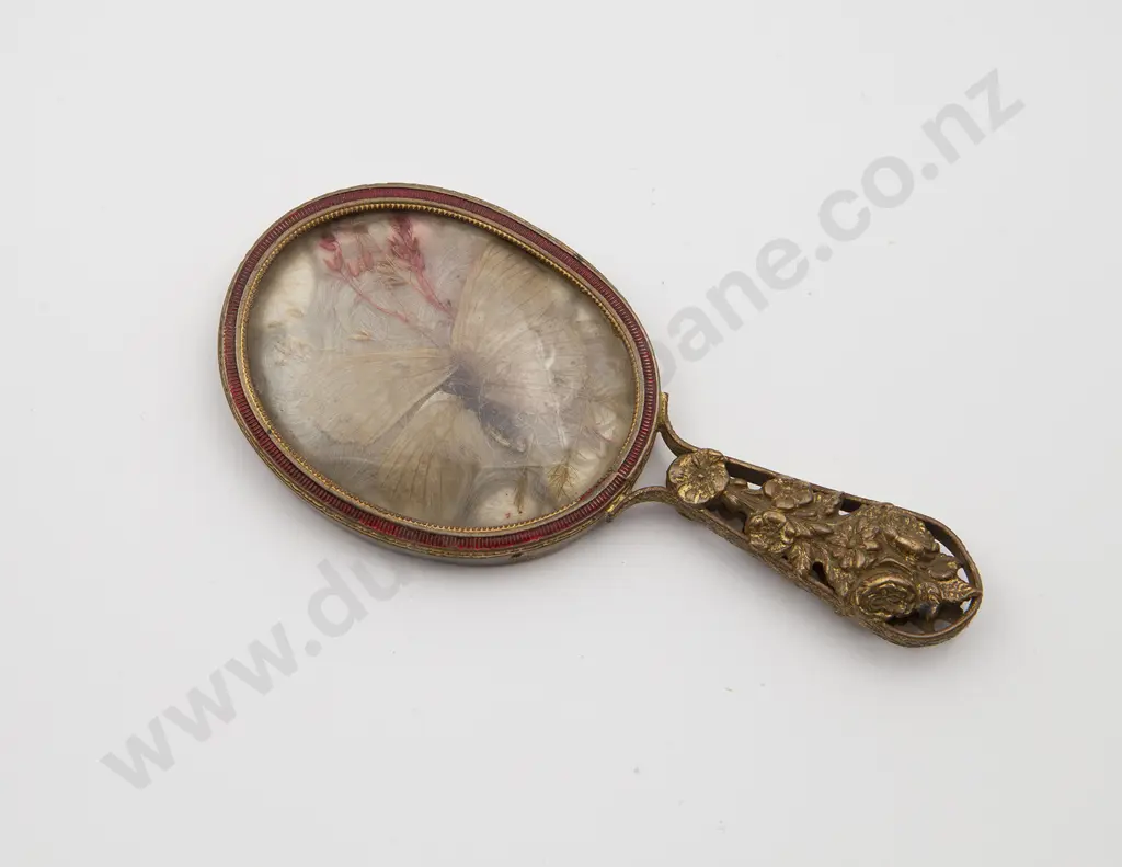 Antique Miniature Mourning Style Gilt Metal Hand Mirror Image 1++
