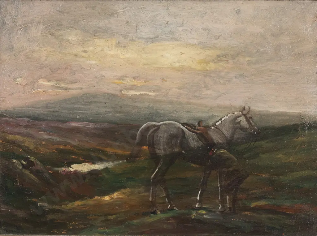 British Late C19th - Scottish Landscape with Grey Horse Image 1++