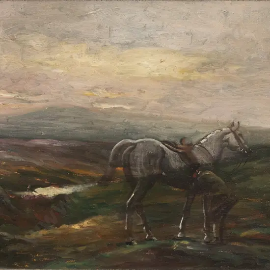 British Late C19th - Scottish Landscape with Grey Horse