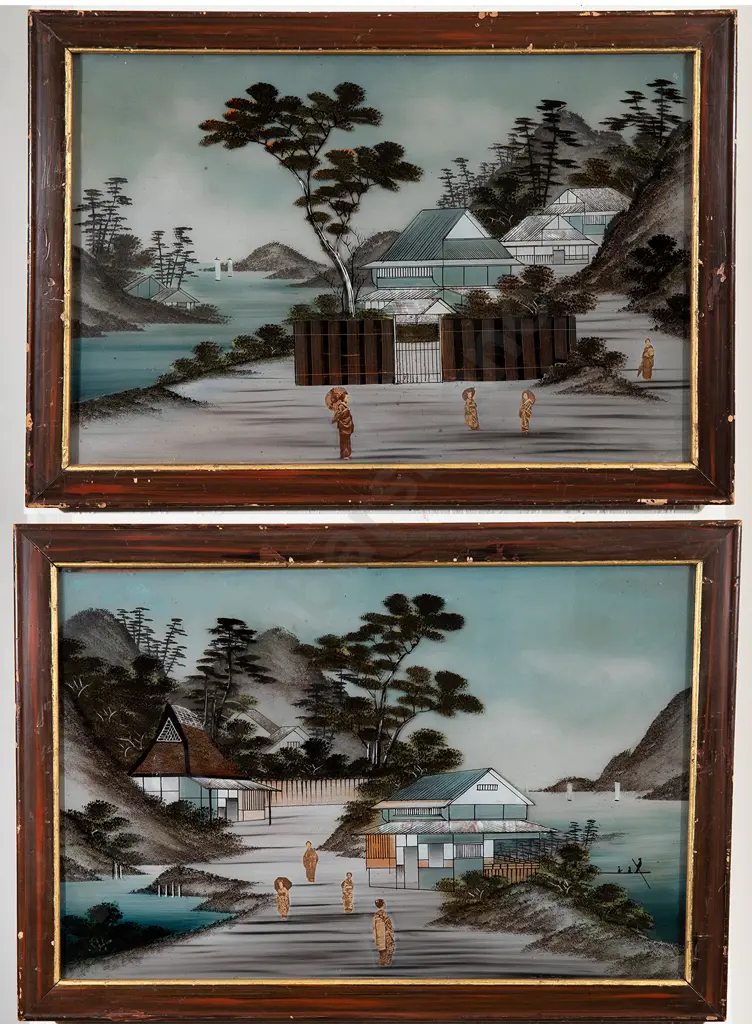 Pair C19th Japanese Reverse Painted and Inlaid Pictures Image 1++