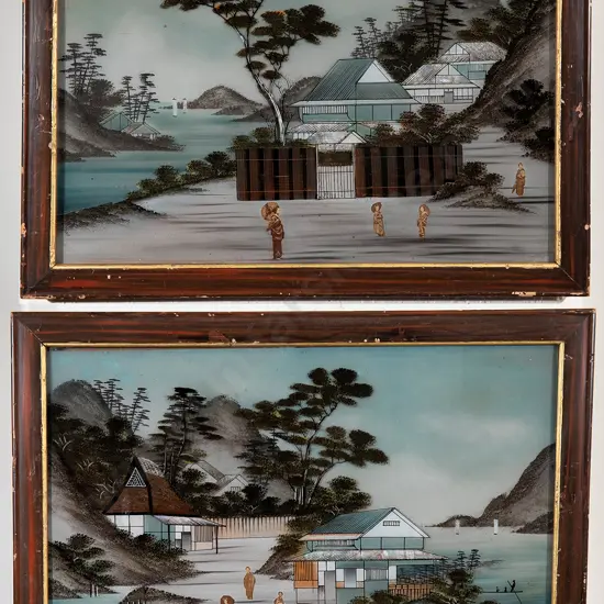 Pair C19th Japanese Reverse Painted and Inlaid Pictures