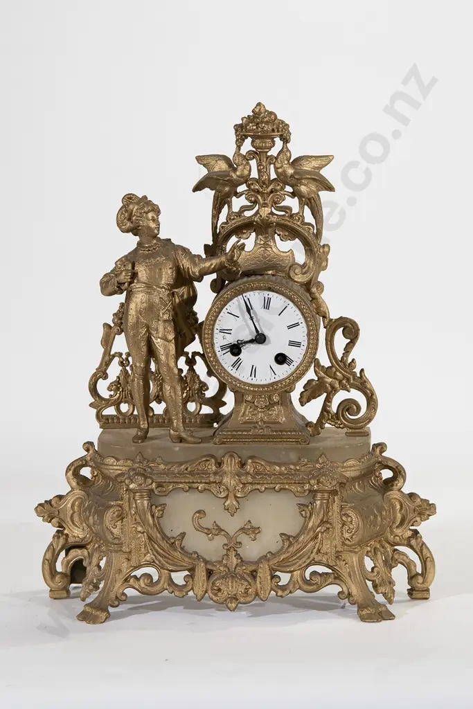 C19th French Gilt Metal and Alabaster Mantel Clock Image 1++