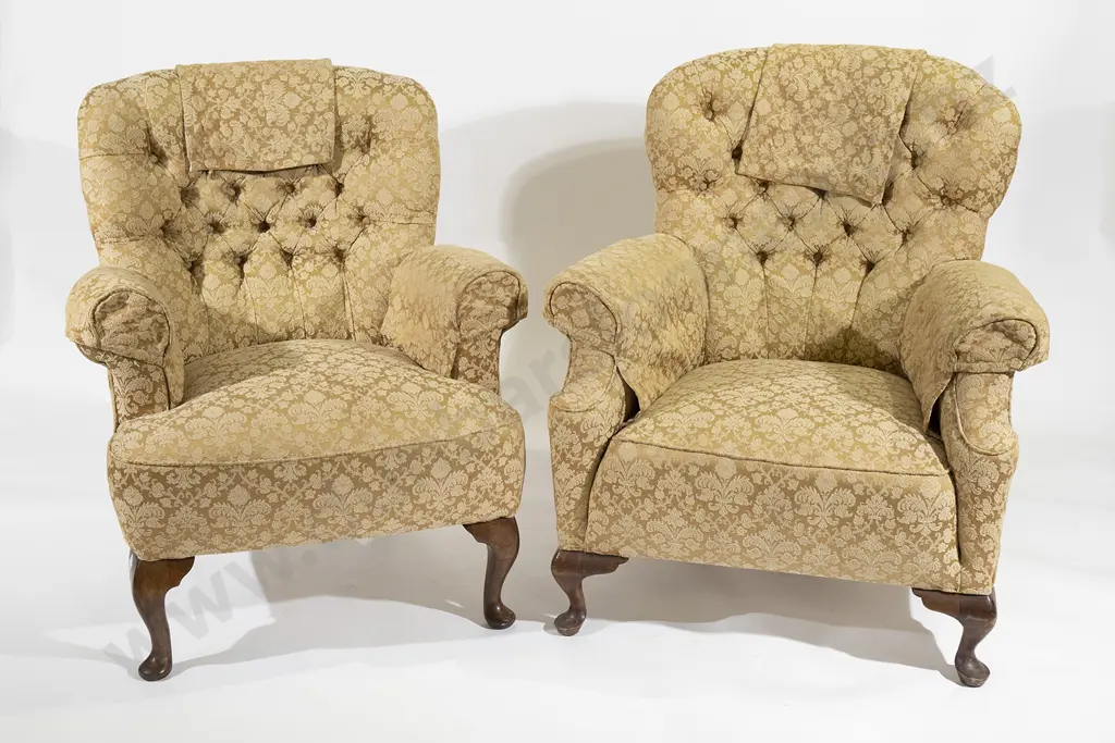 Pair Queen Anne Style Button Back Lounge Chairs Image 1++