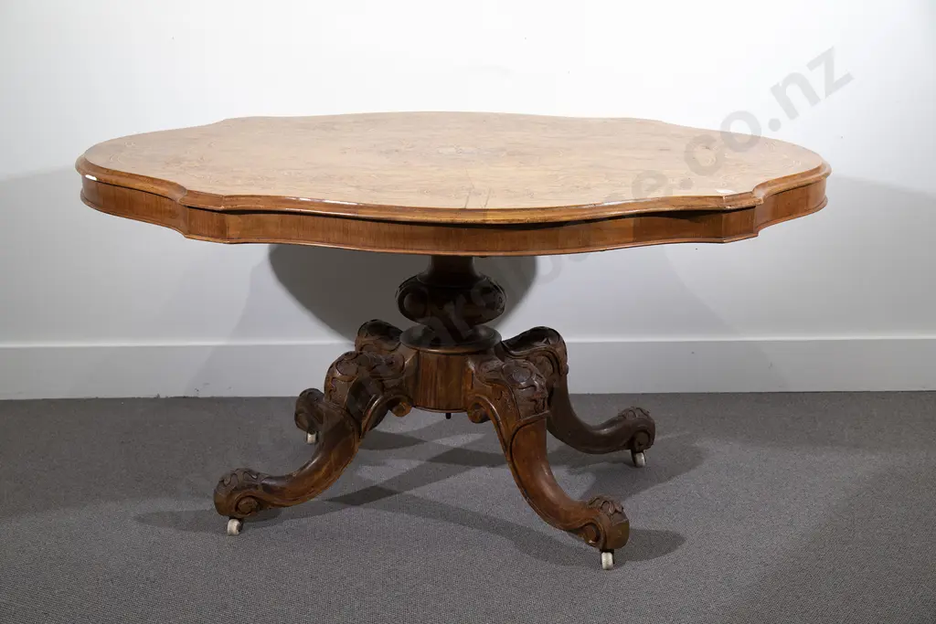 Victorian Burr Walnut & Marquetry Tilt Top Loo Table Image 1++
