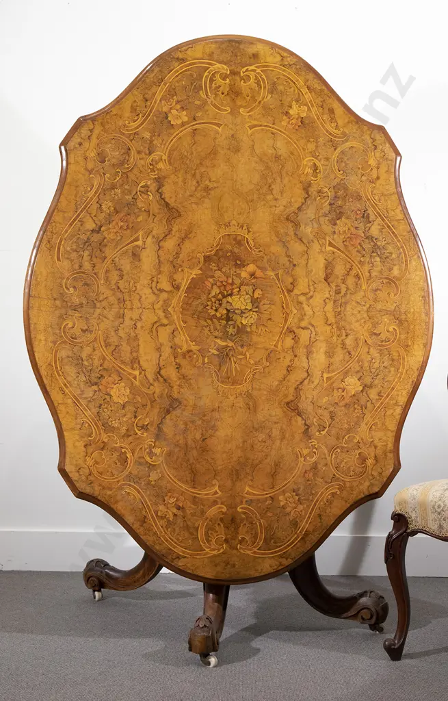 Victorian Burr Walnut & Marquetry Tilt Top Loo Table Image 1++