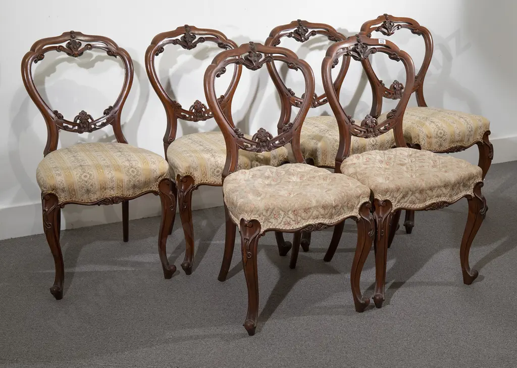 Set Six Victorian Walnut Balloon Back Dining Chairs Image 1++