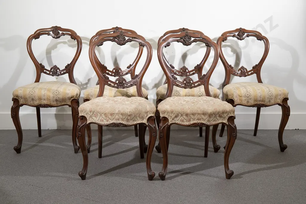 Set Six Victorian Walnut Balloon Back Dining Chairs Image 1++