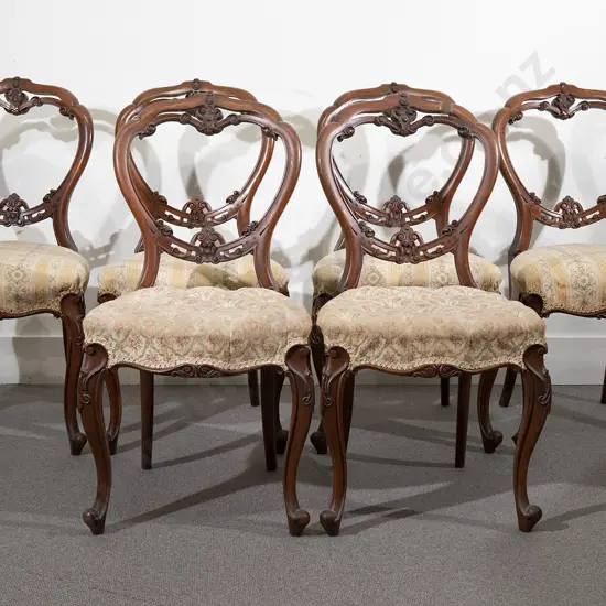 Set Six Victorian Walnut Balloon Back Dining Chairs