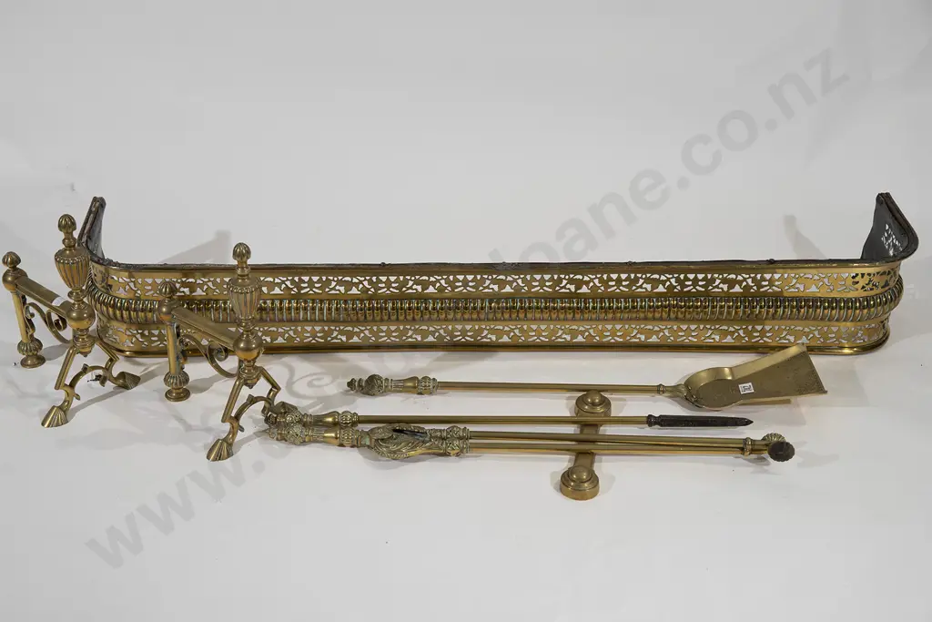Victorian Brass Fire Fender and Irons Image 1++
