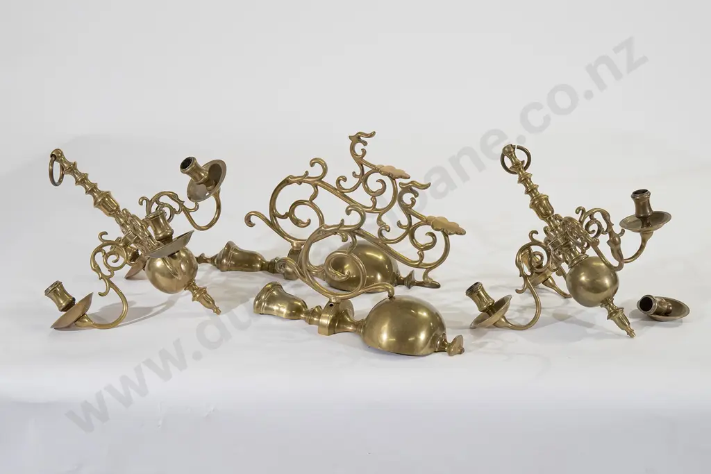 Pair Of Dutch Style Brass Four Branch Candleholders Image 1++