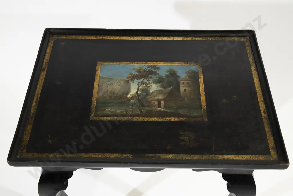 Rare Mid C19th Danish Ebonized & Painted Tray Top Silver Table Image 1++