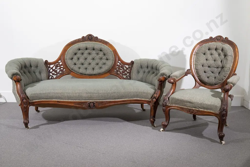 Victorian Walnut Parlour Sofa & Grandmother Chair Image 1++