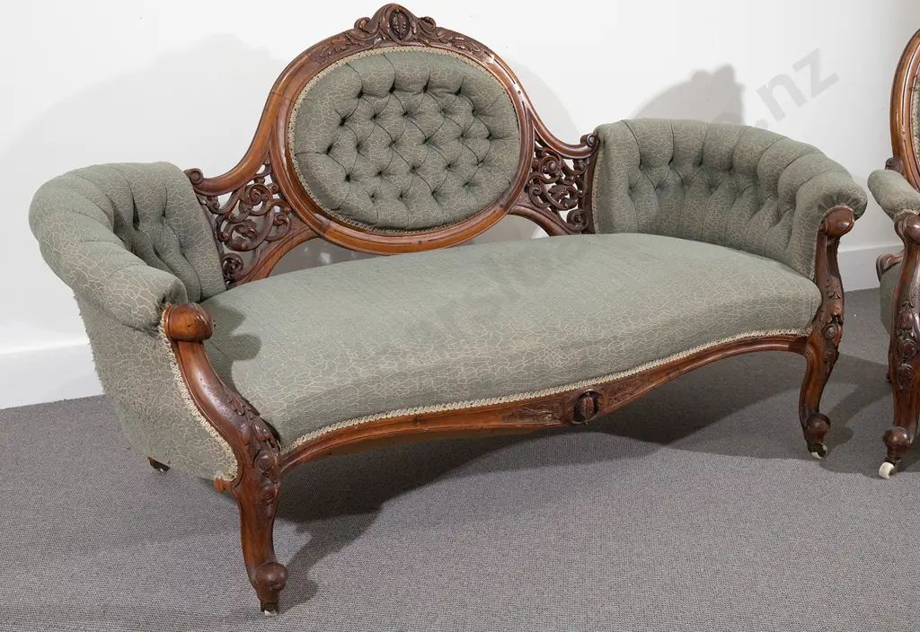 Victorian Walnut Parlour Sofa & Grandmother Chair Image 1++