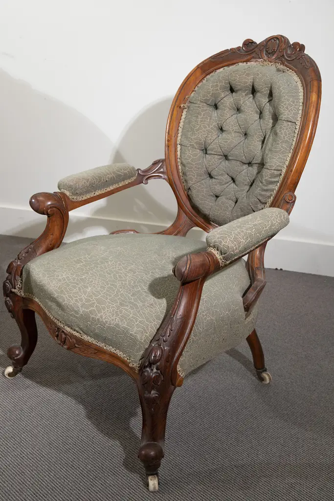 Victorian Walnut Parlour Sofa & Grandmother Chair Image 1++