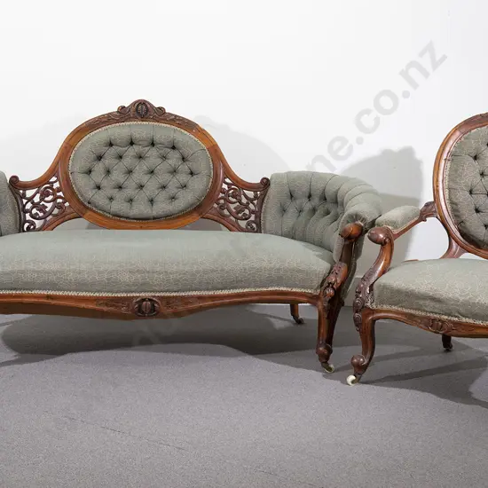 Victorian Walnut Parlour Sofa & Grandmother Chair