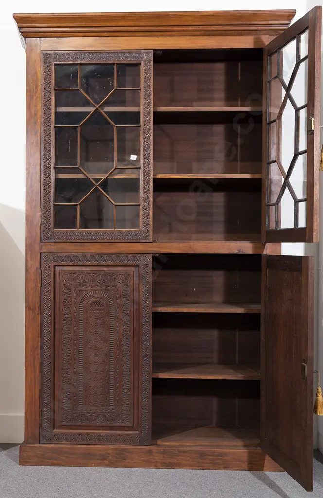 NZ Stained Kauri Chip Carved Cabinet Bookcase Image 1++