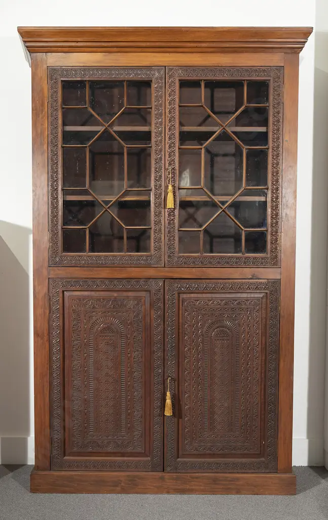 NZ Stained Kauri Chip Carved Cabinet Bookcase Image 1++