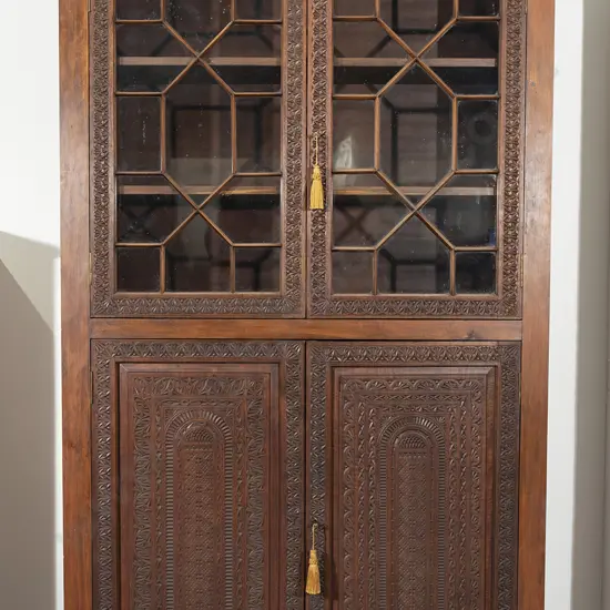 NZ Stained Kauri Chip Carved Cabinet Bookcase