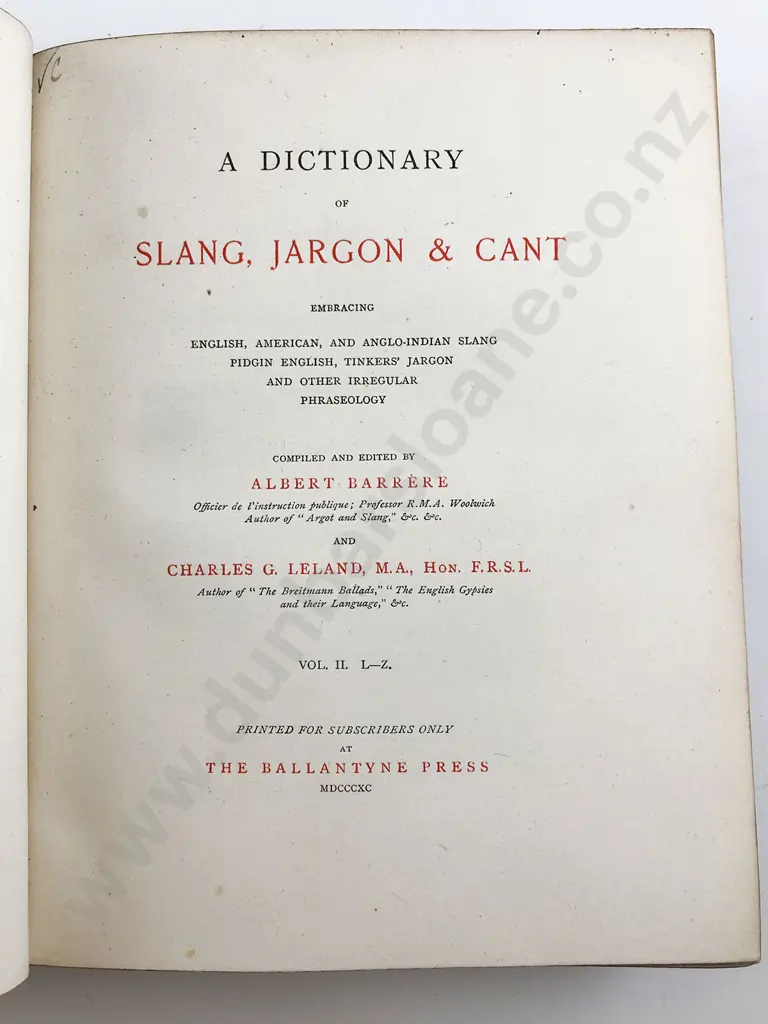 Barrere Albert - A Dictionary Of Slang Jargon & Cant (2 Volumes) Image 1++